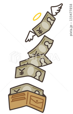 お財布に入っているお金に、羽が生えて飛んでいくイラスト。 お財布に入っているお金に、羽が生えて飛んでいくイラスト。 133477858