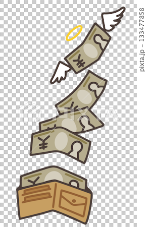 お財布に入っているお金に、羽が生えて飛んでいくイラスト。 お財布に入っているお金に、羽が生えて飛んでいくイラスト。 133477858