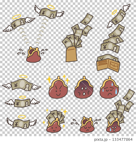 Flying money and wallet illustration set. 133477864