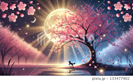 満月の光が桜の木を包み込む幻想的な夜、静かな湖畔で輝く春の風景と月明かりに照らされる狐 133477902