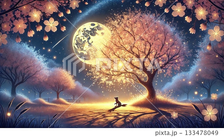 満月が輝く夜空の下で光に包まれた桜の大樹と小さな狐が幻想的な風景を彩る春の魔法のファンタジー情景 133478049