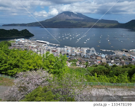 桜島を望む風光明媚な海潟漁港の空撮 桜島を望む風光明媚な海潟漁港の空撮 133478199