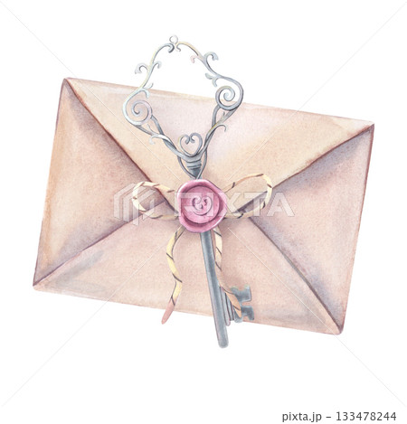 Vintage paper envelope with wax seal, metal key. Hand-painted watercolor illustration isolated on white for greeting cards, wedding invitations, love letters, packaging, scrapbooking, design projects 133478244