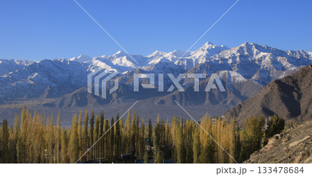 Stok Kangri and other mountains of the Zanskar Range, golden autumn day in Ladakh Leh, India. Stok Kangri and other mountains of the Zanskar Range, golden autumn day in Ladakh Leh, India. 133478684