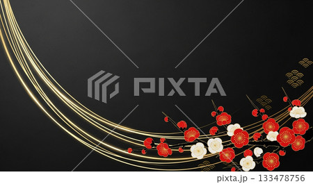 お正月模様_黒い背景と松竹梅 133478756