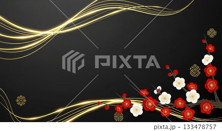 お正月模様_黒い背景と松竹梅 お正月模様_黒い背景と松竹梅 133478757