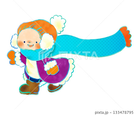 冬あそびシリーズ：暖かい冬服で走る子ども　かわいい優しいイラスト 133478795