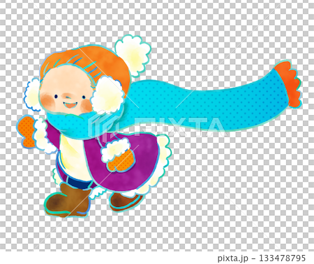 冬あそびシリーズ：暖かい冬服で走る子ども　かわいい優しいイラスト 133478795