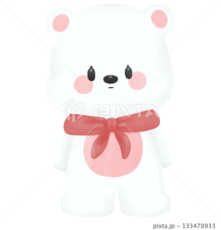 Cute White Bear Cartoon with Red Scarf - Watercolor 133478933