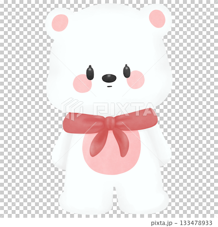 Cute White Bear Cartoon with Red Scarf - Watercolor 133478933