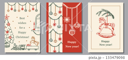 Christmas cards with a fir tree, horse and decorations. Hand drawn vector pastel line art illustration. Suitable for New Years cards, invitations and labels. Christmas cards with a fir tree, horse and decorations. Hand drawn vector pastel line art illustration. Suitable for New Years cards, invitations and labels. 133479098