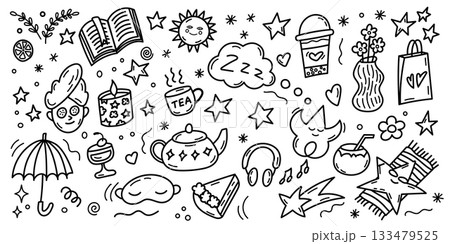 Cozy relax and spa doodle icons seamless background 133479525