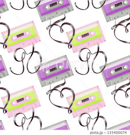 Portable player audio cassettes from 80's,90's style,tapes in shape 90,heart in seamless pattern.Watercolor illustration on transparent background for websites,fabric,stationery,theme parties 133480074