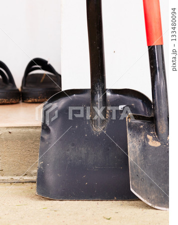 Shovel spade standing outside. Shovel spade standing outside. 133480094