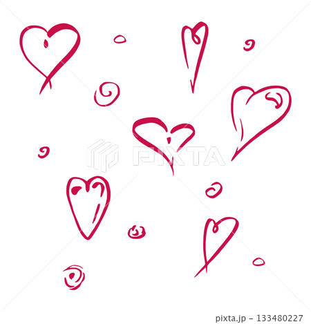 Ink sketch hearts and small circular swirl spiral shapes, expressive doodles. Vector single elements illustration. Valentine printable, romantic design template, love icons, DIY scrapbooking motifs. 133480227