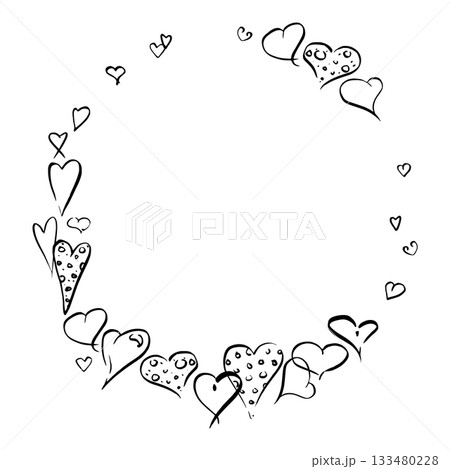 Ink hearts with polka dots fill, cute and playful, wrapping circular wreath outline. Vector hand drawn illustration, free shape doodles. Valentine print design, romantic invitation, decorative border. 133480228