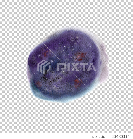 Abstract round watercolor stain in dark purple, blue and pink with stars for space themed design. Abstract round watercolor stain in dark purple, blue and pink with stars for space themed design. 133480334