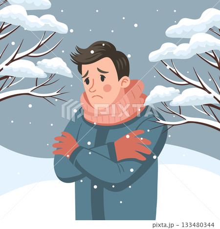 Man shivering in a cold winter snowy landscape. Man is freezing from the cold. Illustration. 133480344