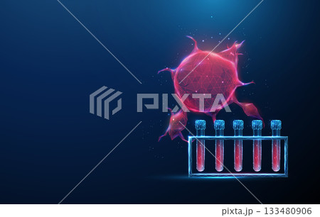 Red tumor with blood test rack. Cancer diagnostics, oncology research, medical analysis, blood testing, disease detection, biomedical study concept. Red tumor with blood test rack. Cancer diagnostics, oncology research, medical analysis, blood testing, disease detection, biomedical study concept. 133480906