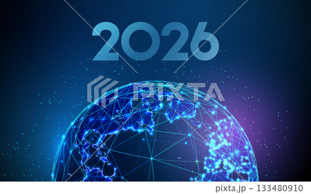 2026 New Year greeting card with planet. Global unity, sustainability, environmental awareness, international development, world progress, future innovation concept. 133480910