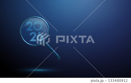 Happy 2026 New Year greeting card with magnifying glass. Search, analysis, discovery, research, focus, investigation, insight, knowledge exploration concept. 133480912