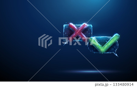 Two chat bubbles with red cross, green check mark Decision making, approval, rejection, feedback evaluation, user response flow, inquiry resolution, communication status concept. Two chat bubbles with red cross, green check mark Decision making, approval, rejection, feedback evaluation, user response flow, inquiry resolution, communication status concept. 133480914