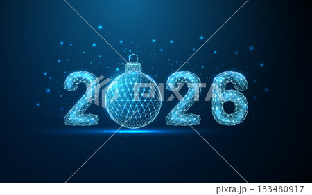 Happy New Year card with 2026 number with blue Christmas ball replacing zero Holiday celebration, Christmas holiday, festive season, winter decoration concept Happy New Year card with 2026 number with blue Christmas ball replacing zero Holiday celebration, Christmas holiday, festive season, winter decoration concept 133480917