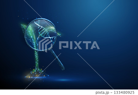 Plant under magnifying glass with DNA inside. Plant genetics, crop improvement, biotechnology research, molecular biology, trait optimization concept. 133480925