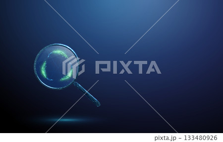 3d blue magnifying glass with three leaves arranged in a circle inside. Recycling, circular economy, green energy, resource conservation concept. 133480926