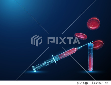 Syringe on blood test tube with flying red blood cells around. Concept of blood analysis, erythrocyte testing, medical diagnostics, hematology research concept Syringe on blood test tube with flying red blood cells around. Concept of blood analysis, erythrocyte testing, medical diagnostics, hematology research concept 133480936