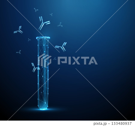 Laboratory blood test tube and antibodies. Immunological diagnostics, serological testing, immune response monitoring, synthetic antibody development concept 133480937