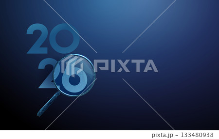 Happy 2026 New Year greeting card with magnifying glass. Search, analysis, discovery, research, focus, investigation, insight, knowledge exploration concept. 133480938