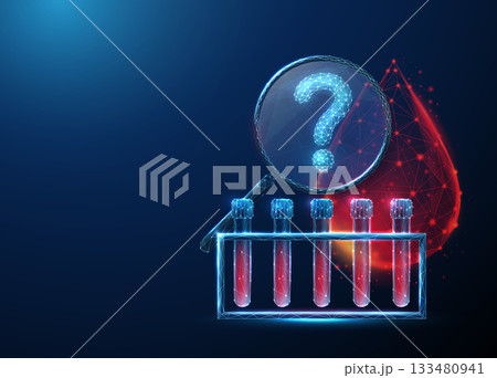 3d blood test rack, blood drop with a magnifying glass and question mark inside. Medical diagnostics, unknown blood condition, undiagnosed pathology concept. 3d blood test rack, blood drop with a magnifying glass and question mark inside. Medical diagnostics, unknown blood condition, undiagnosed pathology concept. 133480941