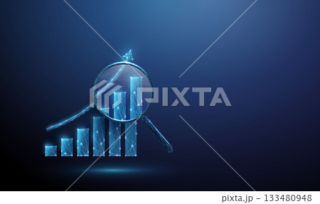 3d blue growing chart under a magnifying glass. Financial analysis, performance monitoring, investment tracking, data-driven decision making concept. 3d blue growing chart under a magnifying glass. Financial analysis, performance monitoring, investment tracking, data-driven decision making concept. 133480948