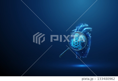 3d blue human heart under magnifying glass with gears inside. Cardiovascular analysis, medical diagnostics, healthcare optimization, biomedical engineering concept. 133480962