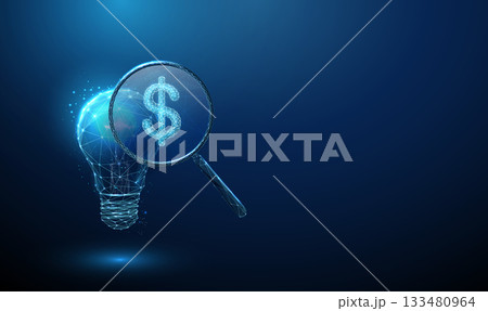 3d blue light bulb with a magnifying glass showing a dollar sign inside. Financial insight, investment strategy, economic analysis, wealth management concept. 3d blue light bulb with a magnifying glass showing a dollar sign inside. Financial insight, investment strategy, economic analysis, wealth management concept. 133480964