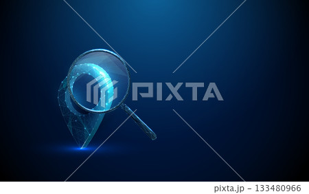 3d blue pin location icon with magnifying glass. Navigation, geolocation, search, map exploration, route finding, travel planning, direction concept. 3d blue pin location icon with magnifying glass. Navigation, geolocation, search, map exploration, route finding, travel planning, direction concept. 133480966