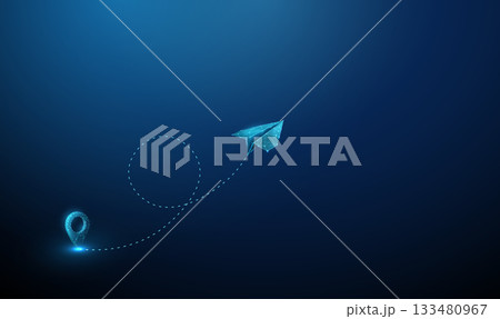 Paper airplane flying from a pin icon point, following dashed line path with a loop. Navigation, travel planning, creativity, innovation concept. 133480967