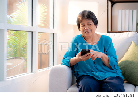 Senior asian woman smile while using on smartphone sitting on sofa in living room at home. Senior asian woman smile while using on smartphone sitting on sofa in living room at home. 133481381