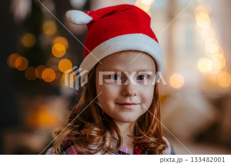 Portrait of small girl with Santa hat indoors at home at Christmas, looking at camera. Portrait of small girl with Santa hat indoors at home at Christmas, looking at camera. 133482001