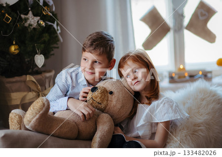 Small girl and boy indoors at home at Christmas, holding teddy bear. Small girl and boy indoors at home at Christmas, holding teddy bear. 133482026