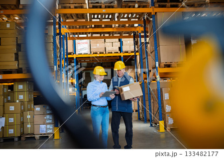 Senior woman manager and man worker working in a warehouse. 133482177