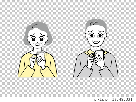 一組插圖，描繪了一群神情憂慮地看著智慧型手機的老年男女。 133482331