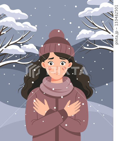 Woman shivering in a cold winter snowy landscape. Woman is freezing from the cold. Illustration. 133482501