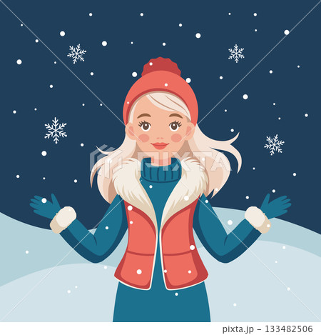 Cute girl in warm winter clothes catches snowflakes. Illustration for winter holiday backgrounds. Cute girl in warm winter clothes catches snowflakes. Illustration for winter holiday backgrounds. 133482506