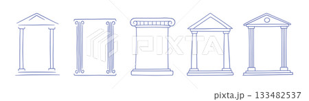 Doodle frame in antique Greek style. Hand drawn Roman pillar and Greek column. Ancient museum doodle icon. Hand drawn line border and frame set. Vector illustration isolated on white background 133482537
