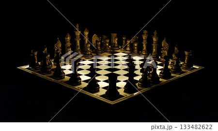 暗い空間にチェスボードとチェスの駒 133482622