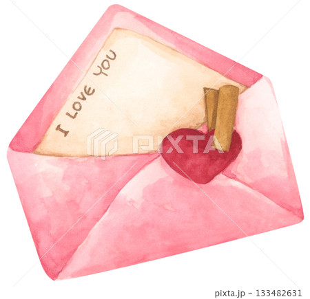 Romantic Watercolor Love Letters, Vintage Pink and Beige Envelopes with Heart for Valentine Day Illustration 133482631