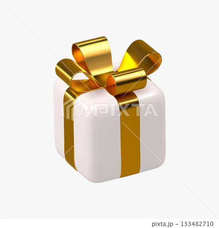 White glossy gift box with golden ribbon and bow in elegant 3D style for holiday celebration and festive greeting cards for sale, birthday, Christmas and New Year designs. Vector illustration. White glossy gift box with golden ribbon and bow in elegant 3D style for holiday celebration and festive greeting cards for sale, birthday, Christmas and New Year designs. Vector illustration. 133482710