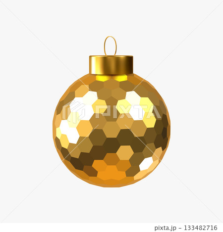 Golden Christmas bauble with shiny faceted texture on white background. Elegant holiday decor element for festive design. Vector illustration. 133482716